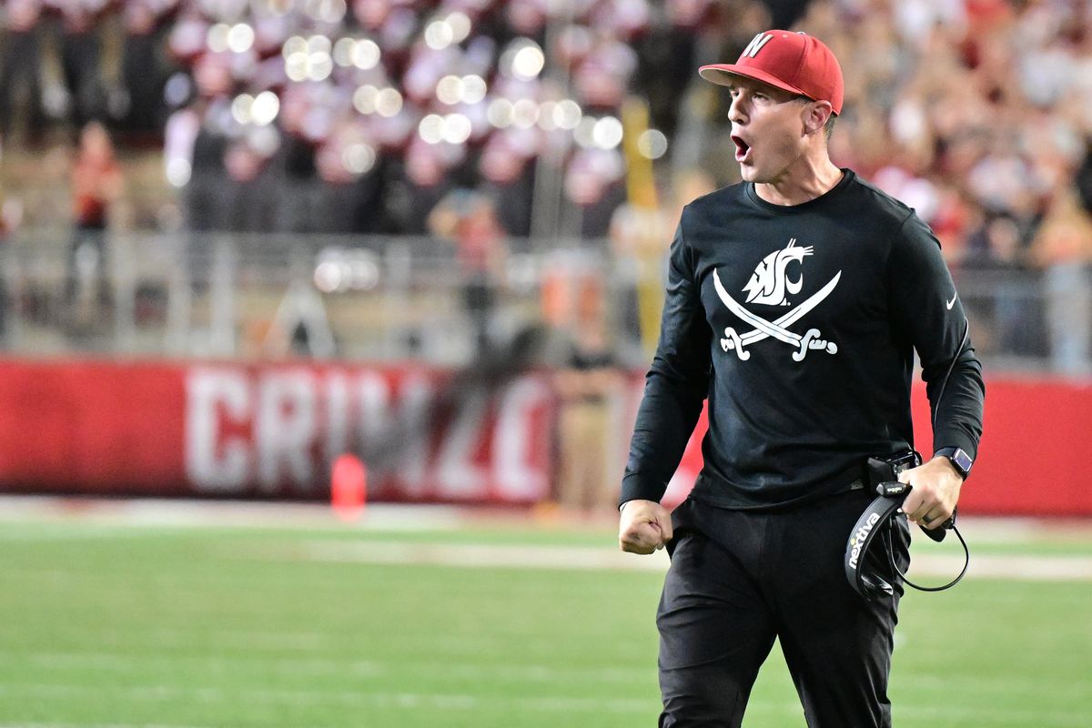 Washington State Cougars head coach Jake Dickert celebrates a WSU touchdown during the second half of a college football game on Saturday, Sept. 9, 2023, at Martin Stadium in Pullman, Wash. WSU won the game 31-22.  (Tyler Tjomsland/The Spokesman-Review)