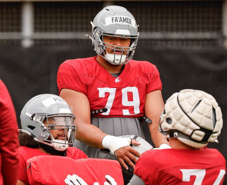 Washington State offensive lineman Fa’alili Fa’amoe (79), during fall football camp, Aug. 13, 2024, in Pullman. (Dean Rutz / The Seattle Times)