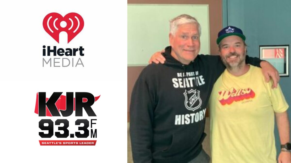iHeart Media and KJR radio logos with a photo of Jim Moore and Jason Puckett
